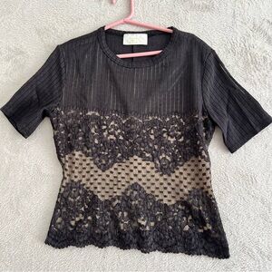 Cache Blouse Crop Top Women's Size Large‎ Sheer Lace Overlay Witchy Black Y2K